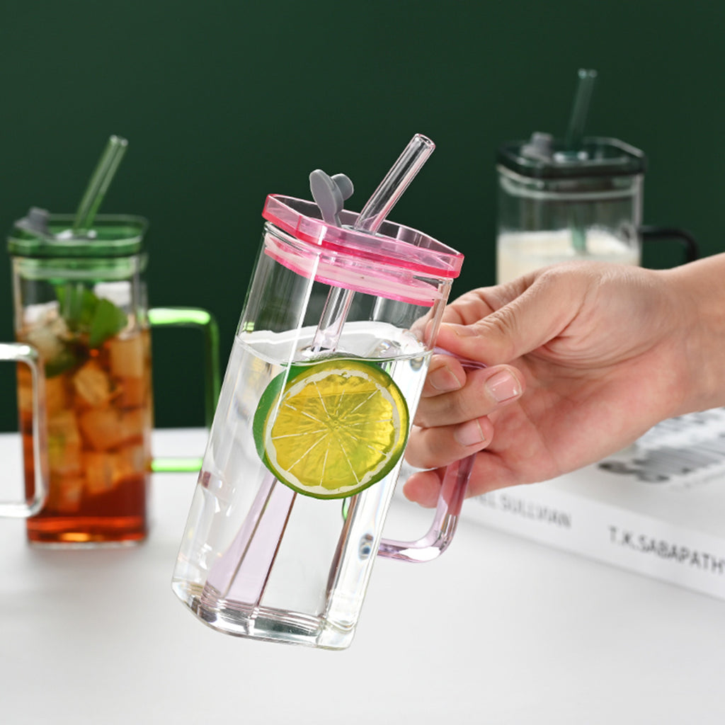 Square Glass Straw Cup with Lid