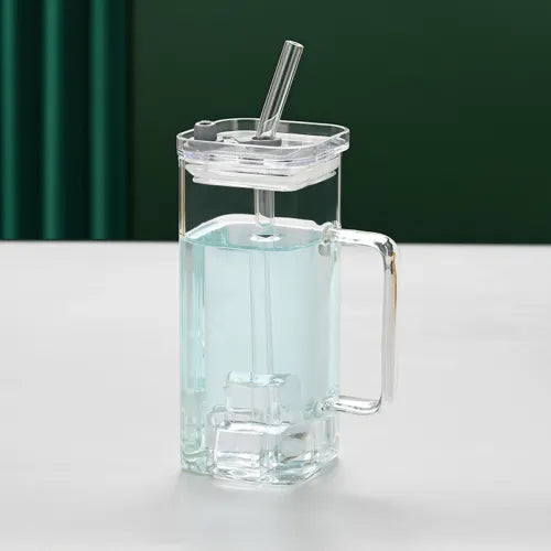 Square Glass Straw Cup with Lid