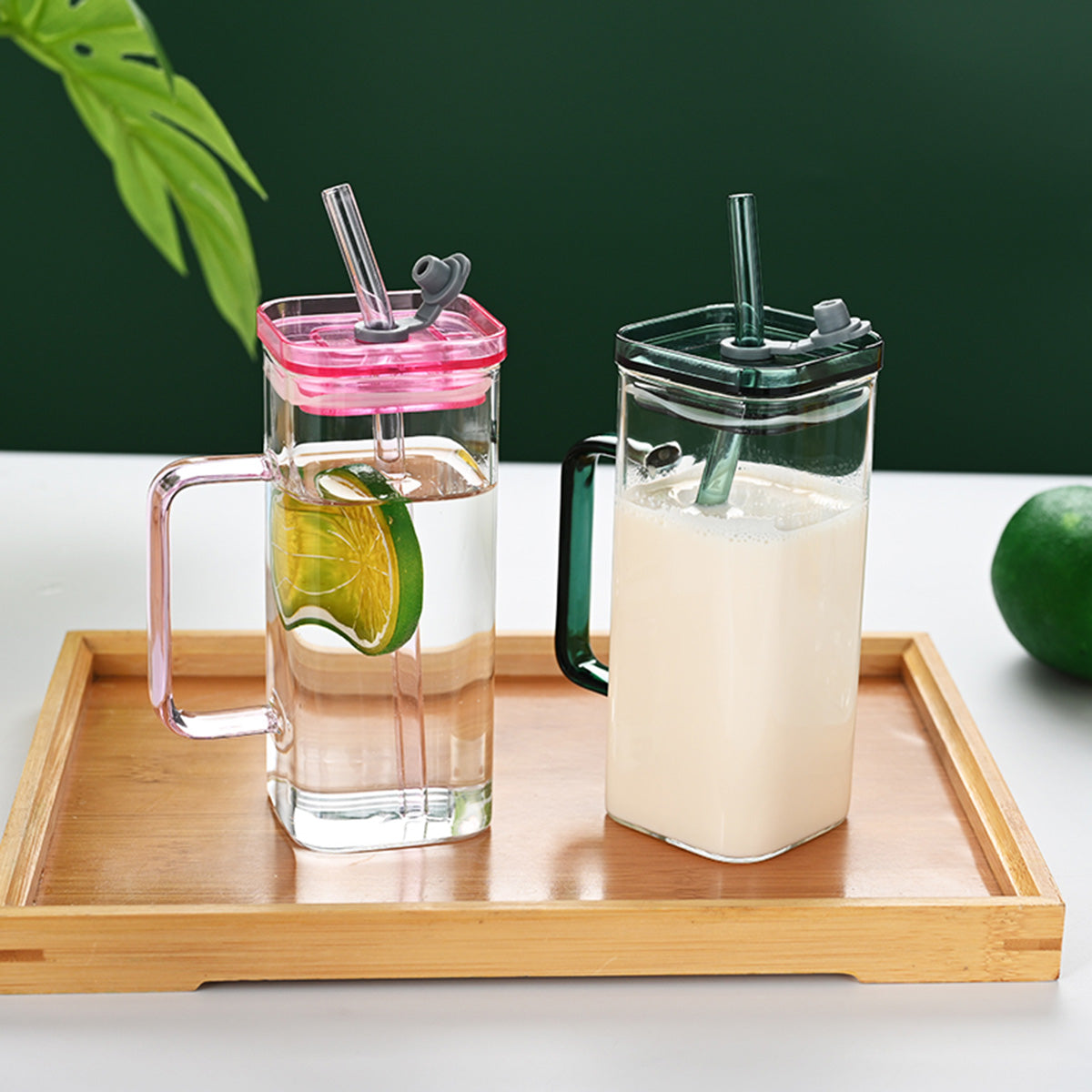 Square Glass Straw Cup with Lid