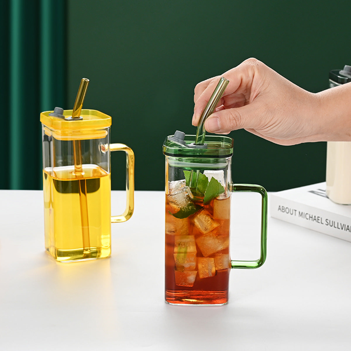 Square Glass Straw Cup with Lid
