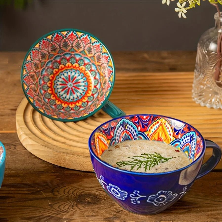 Boho Ceramic Coffee Mug, 15 oz BPA Free Porcelain Breakfast Cup
