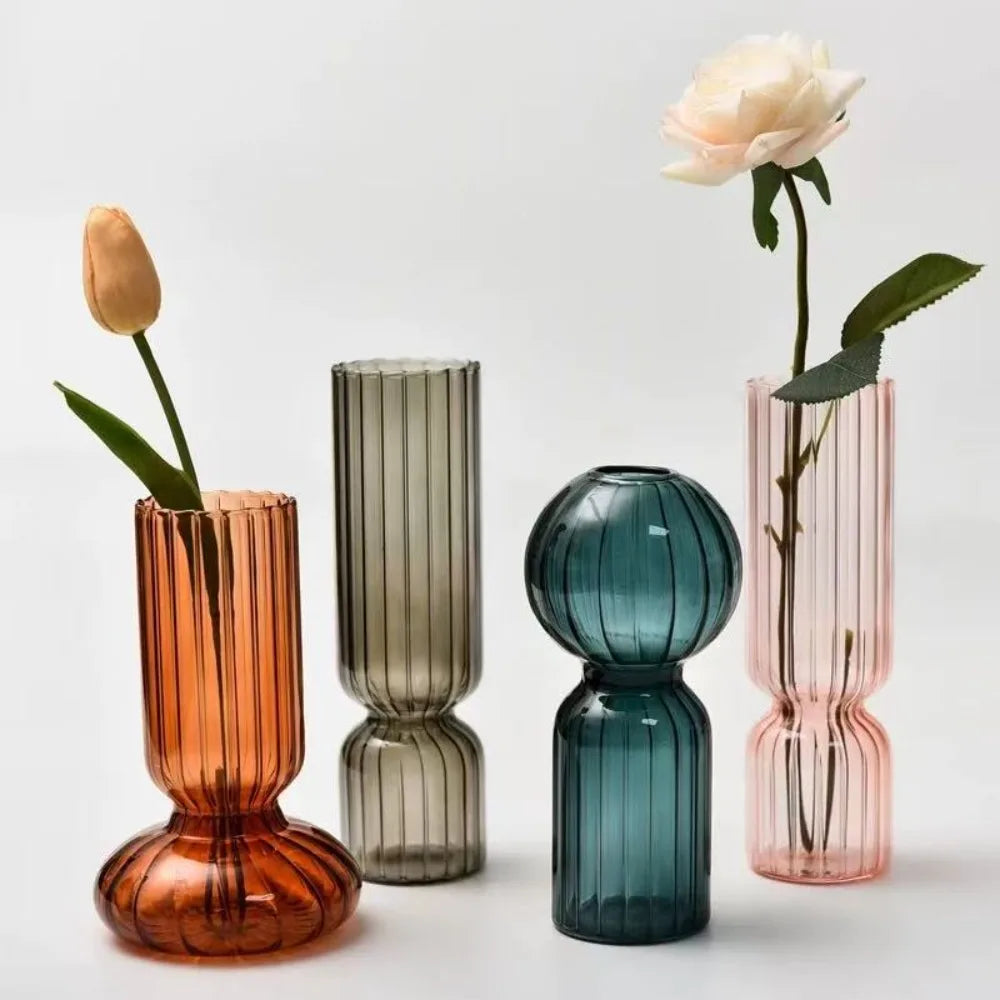 Nordic Striped Glass Vase, Retro Colorful Tabletop Vase for Home Decor