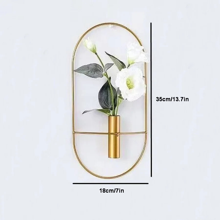 Oval Metal Geometric Wall Vase, Set of 2 Gold Wall Mounted Flower Rack