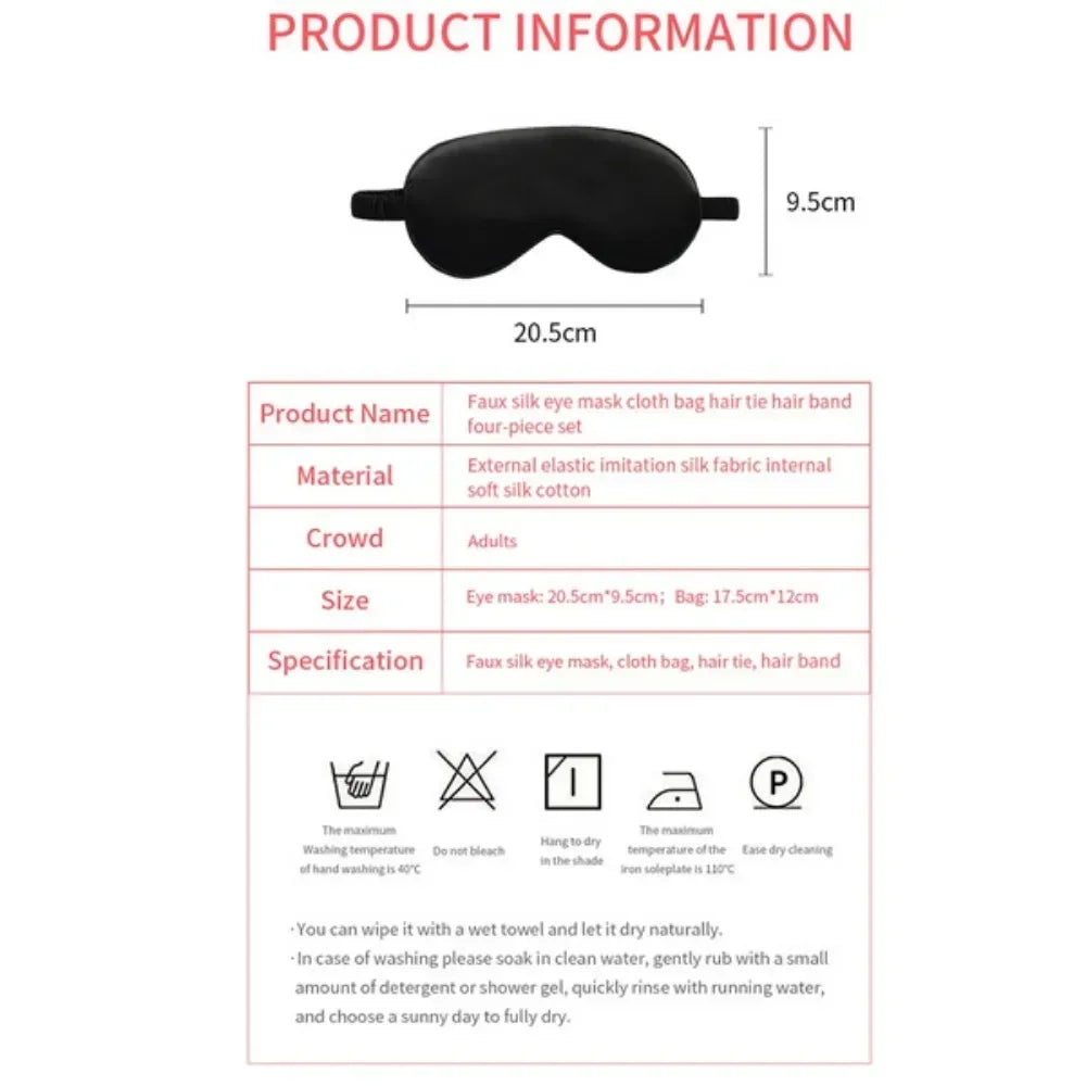 Silky Sleep Mask Set, 4 Piece Eye Mask with Headband, Hair Tie and Storage Bag