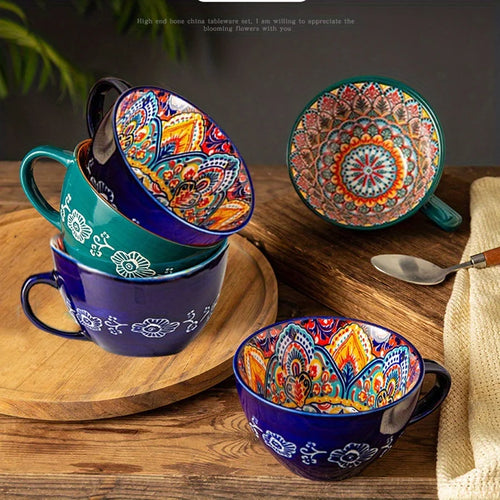 Boho Ceramic Coffee Mug, 15 oz BPA Free Porcelain Breakfast Cup