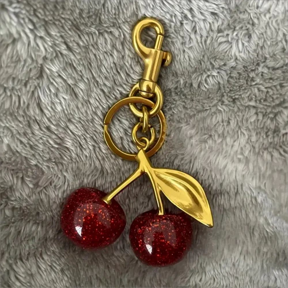 Golden Cherry Bag Charm - Shiny Resin & Metal Hand Bag Accessory