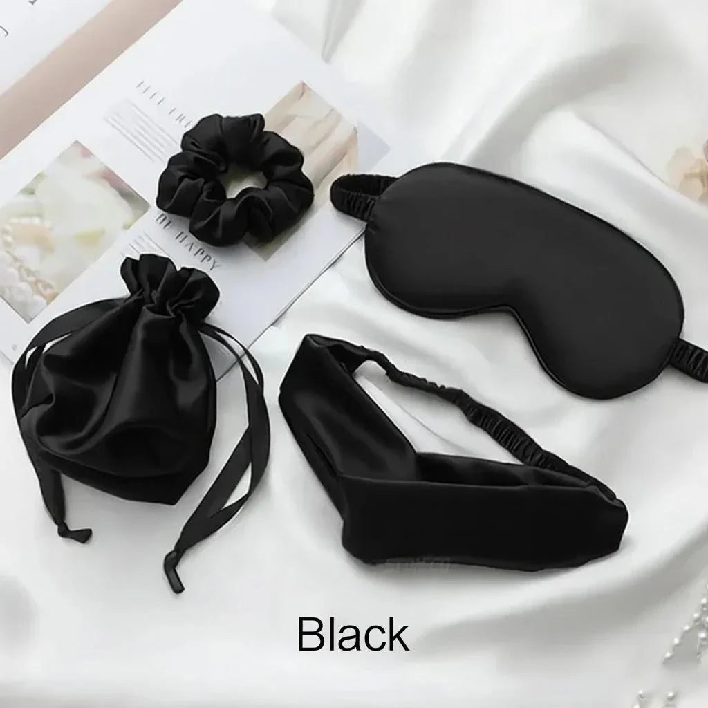 Silky Sleep Mask Set, 4 Piece Eye Mask with Headband, Hair Tie and Storage Bag