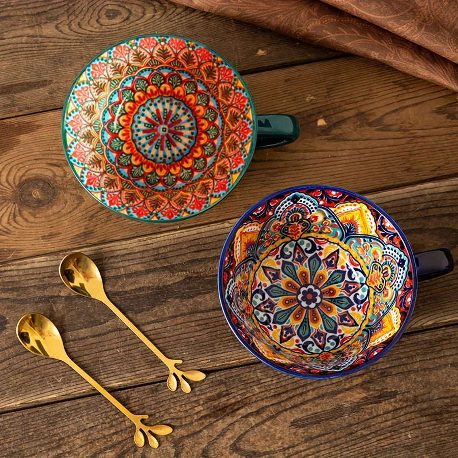 Boho Ceramic Coffee Mug, 15 oz BPA Free Porcelain Breakfast Cup