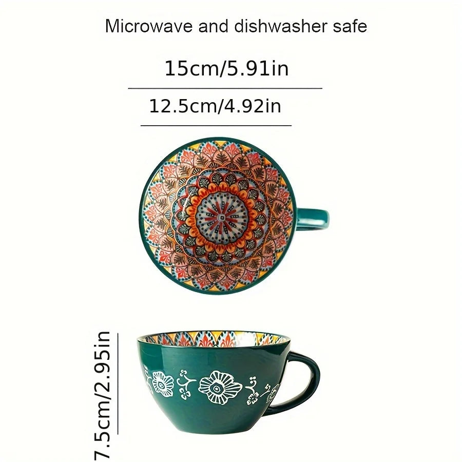 Boho Ceramic Coffee Mug, 15 oz BPA Free Porcelain Breakfast Cup
