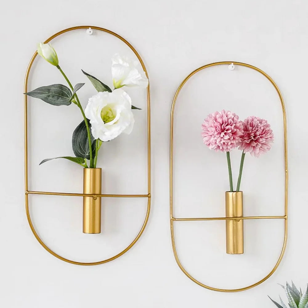 Oval Metal Geometric Wall Vase, Set of 2 Gold Wall Mounted Flower Rack