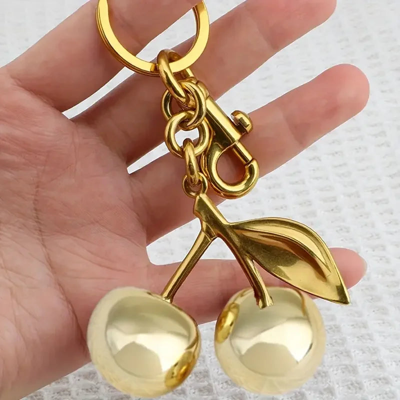 Golden Cherry Bag Charm - Shiny Resin & Metal Hand Bag Accessory