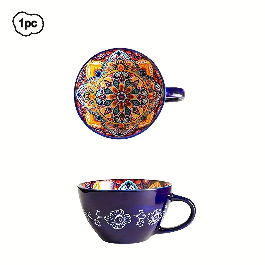 Boho Ceramic Coffee Mug, 15 oz BPA Free Porcelain Breakfast Cup
