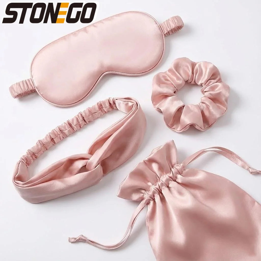 Silky Sleep Mask Set, 4 Piece Eye Mask with Headband, Hair Tie and Storage Bag