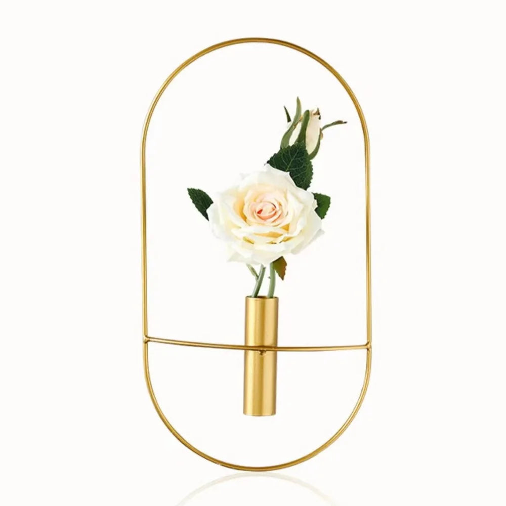 Oval Metal Geometric Wall Vase, Set of 2 Gold Wall Mounted Flower Rack
