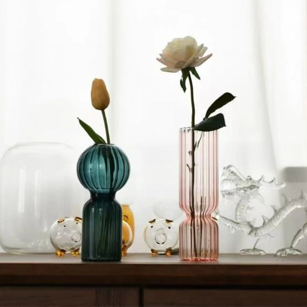 Nordic Striped Glass Vase, Retro Colorful Tabletop Vase for Home Decor