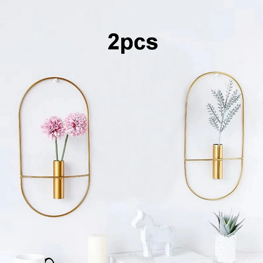 Oval Metal Geometric Wall Vase, Set of 2 Gold Wall Mounted Flower Rack