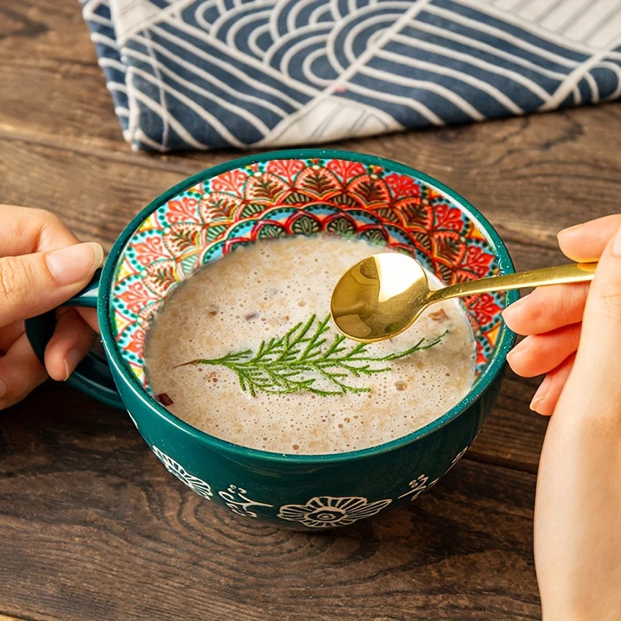 Boho Ceramic Coffee Mug, 15 oz BPA Free Porcelain Breakfast Cup