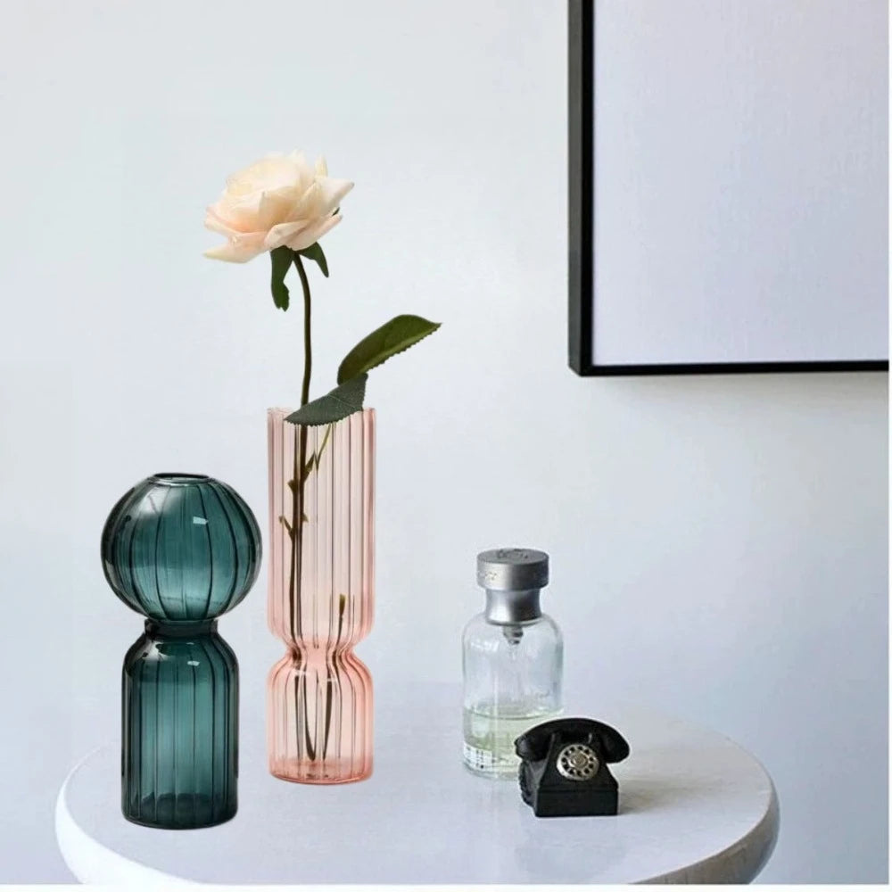 Nordic Striped Glass Vase, Retro Colorful Tabletop Vase for Home Decor